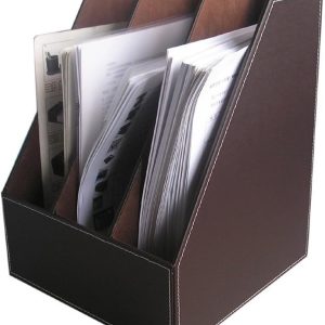 Desktop Wooden Leatherette Magazine File Holder-Organizer-3 Compartment Stand Rack-Papers Storage Box (Brown)